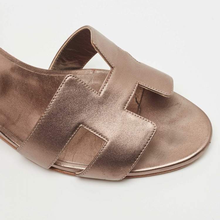 Pre Owned Hermes Metallic Leather Legend Wedge Sandals Size 39.5