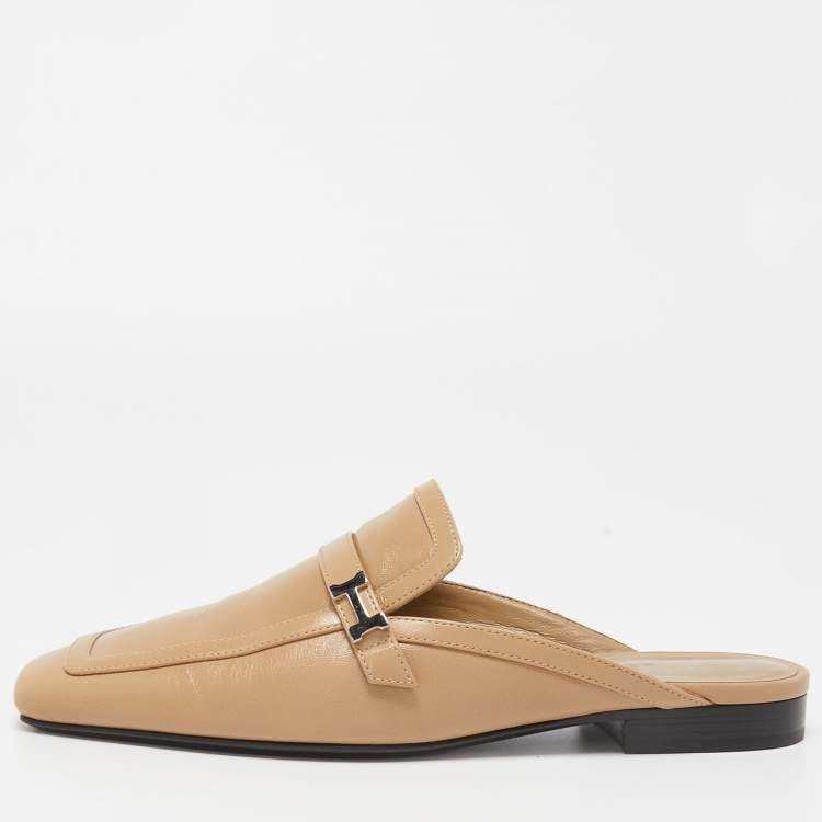 Pre Owned Hermes Beige Leather Groupie Mules Size 37