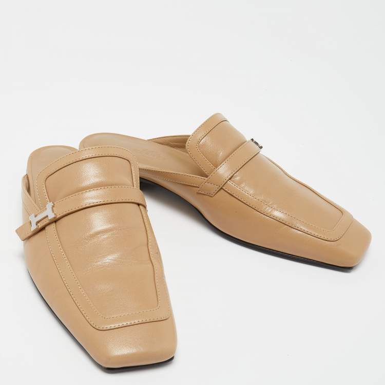 Pre Owned Hermes Beige Leather Groupie Mules Size 37