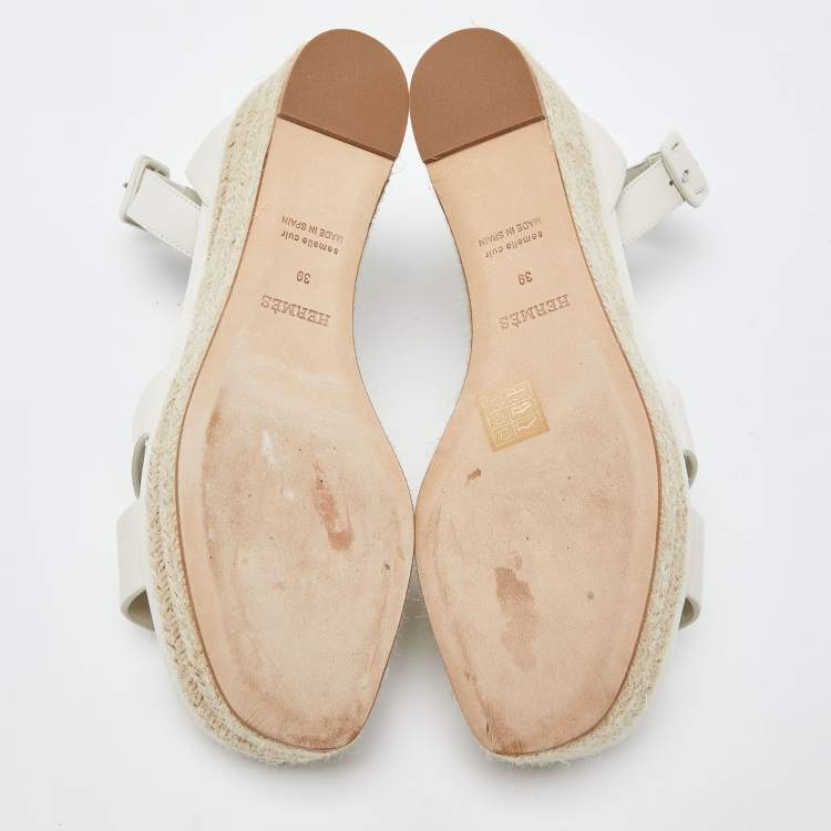 Pre Owned Hermes Off White Leather Elda Wedge Platform Ankle Strap Espadrilles Size 39