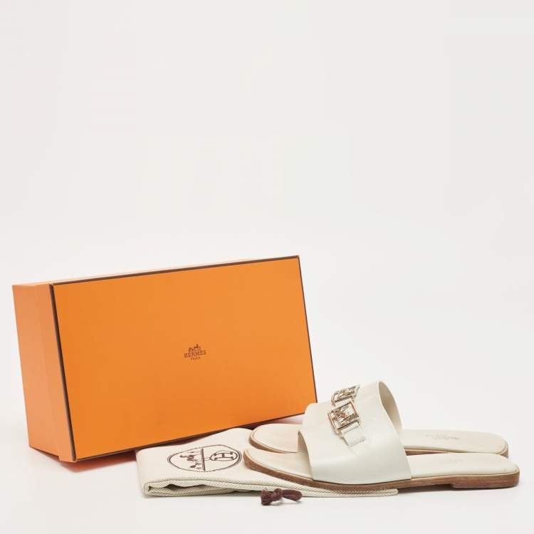 Pre Owned Hermes White Leather Villa  Flat Slides Size 38.5   