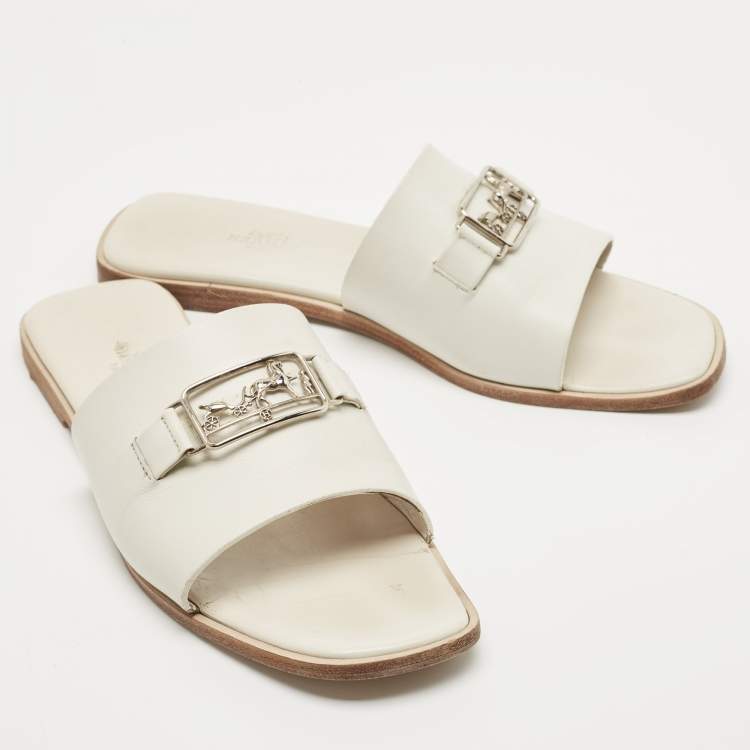 Pre Owned Hermes White Leather Villa  Flat Slides Size 38.5   