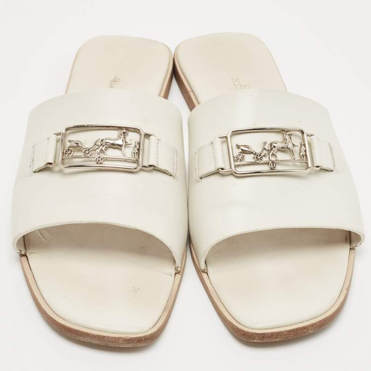 Pre Owned Hermes White Leather Villa  Flat Slides Size 38.5   