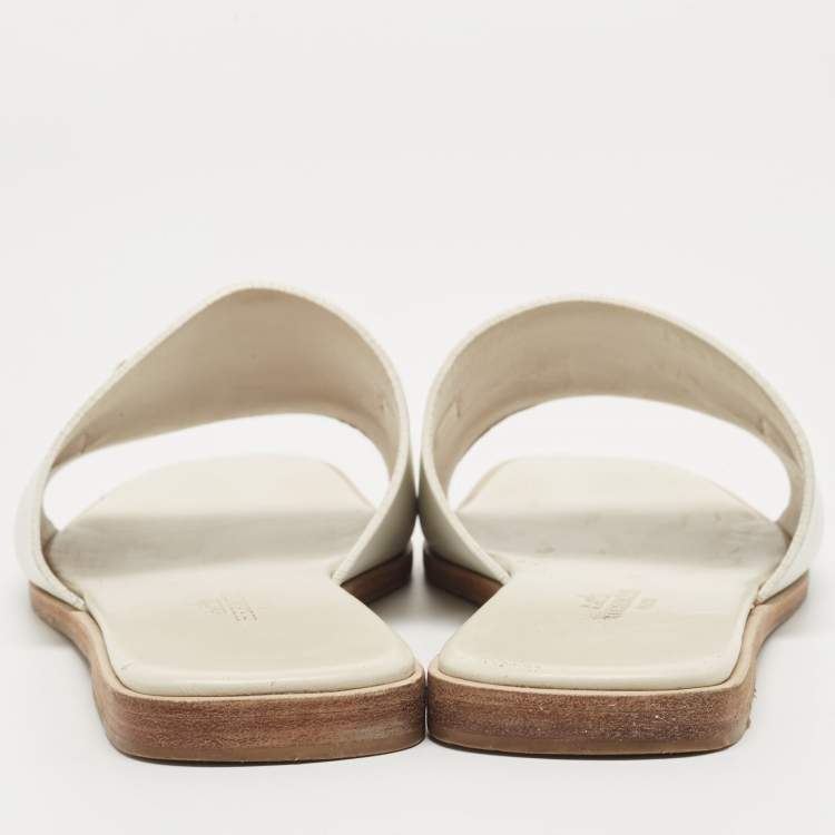 Pre Owned Hermes White Leather Villa  Flat Slides Size 38.5   