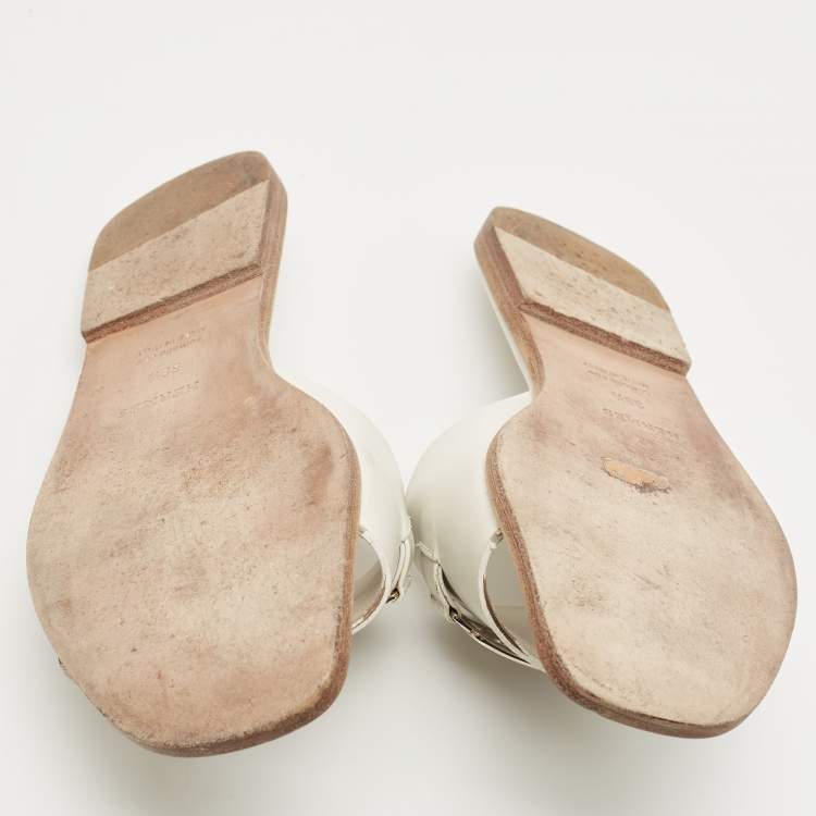 Pre Owned Hermes White Leather Villa  Flat Slides Size 38.5   