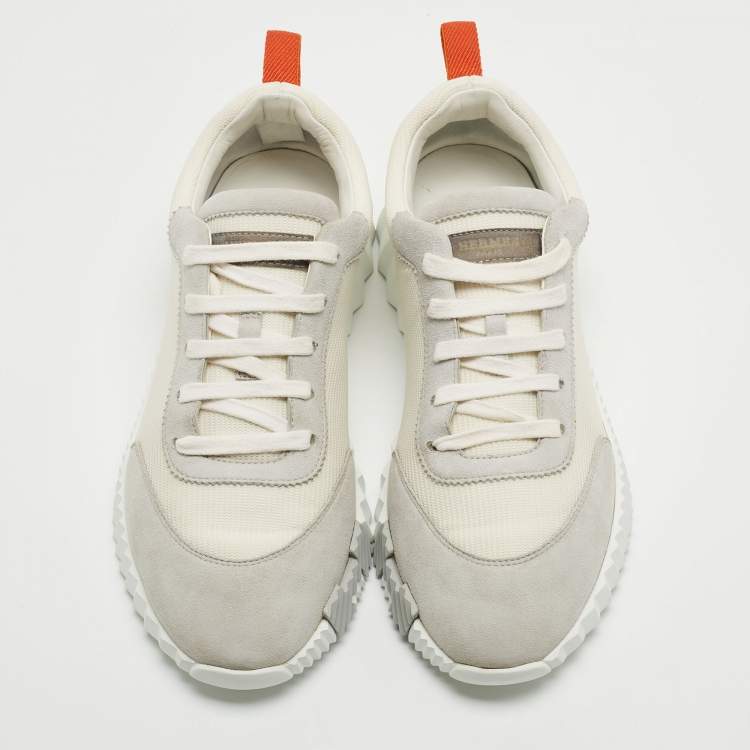 Pre Owned Hermes White/Grey Suede and Mesh Bouncing Sneakers Size 41