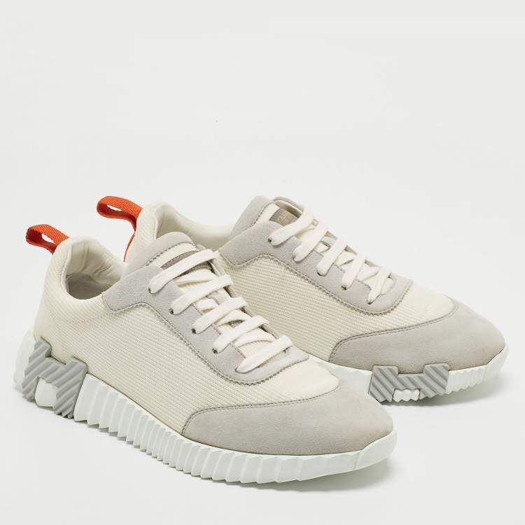 Pre Owned Hermes White/Grey Suede and Mesh Bouncing Sneakers Size 41