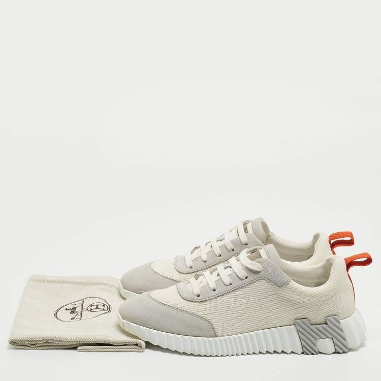 Pre Owned Hermes White/Grey Suede and Mesh Bouncing Sneakers Size 41