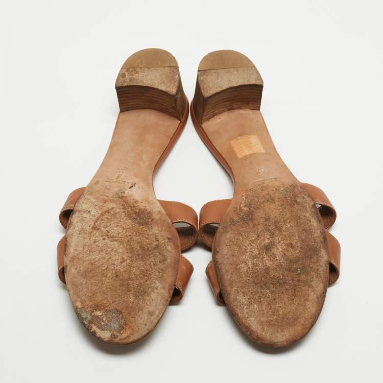 Pre Owned Hermes Brown Leather Oasis Sandals Size 40.5