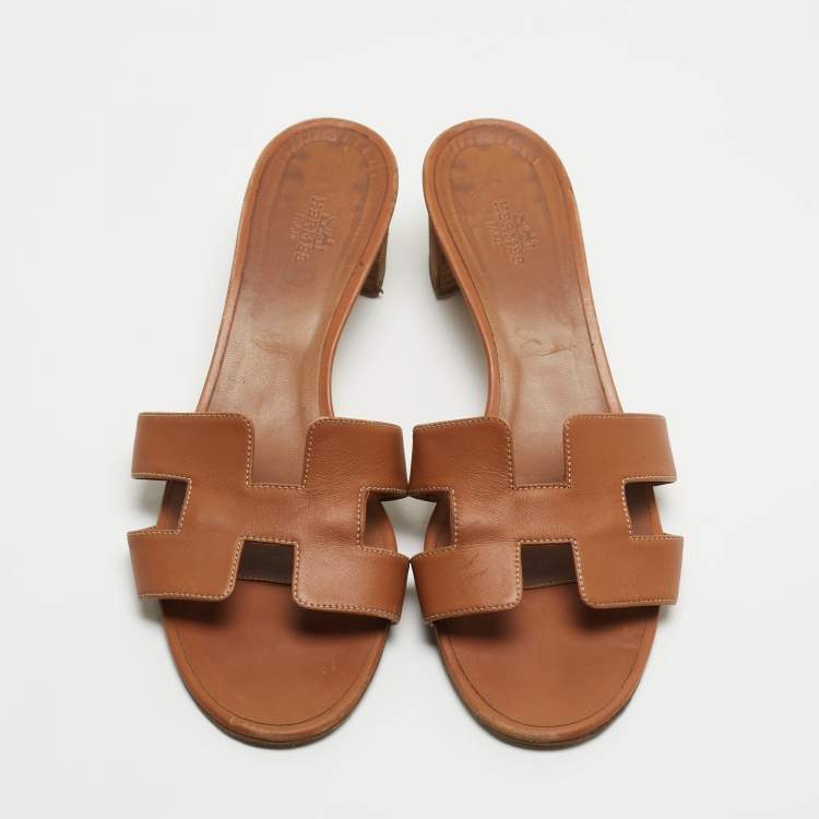 Pre Owned Hermes Brown Leather Oasis Sandals Size 40.5