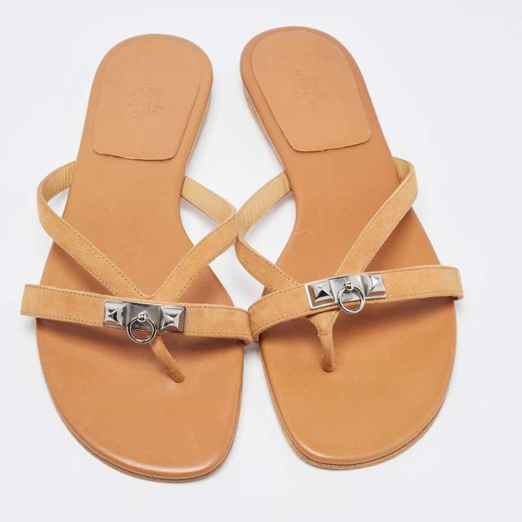 Pre Owned Hermes Brown Suede Corfu Thong Flat Sandals Size 41