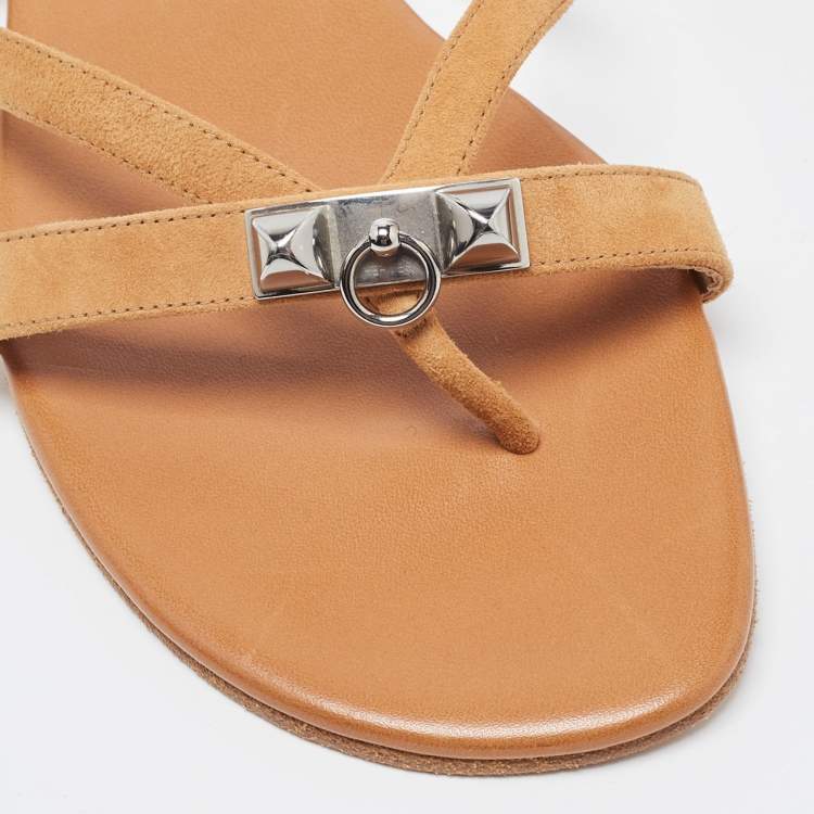 Pre Owned Hermes Brown Suede Corfu Thong Flat Sandals Size 41