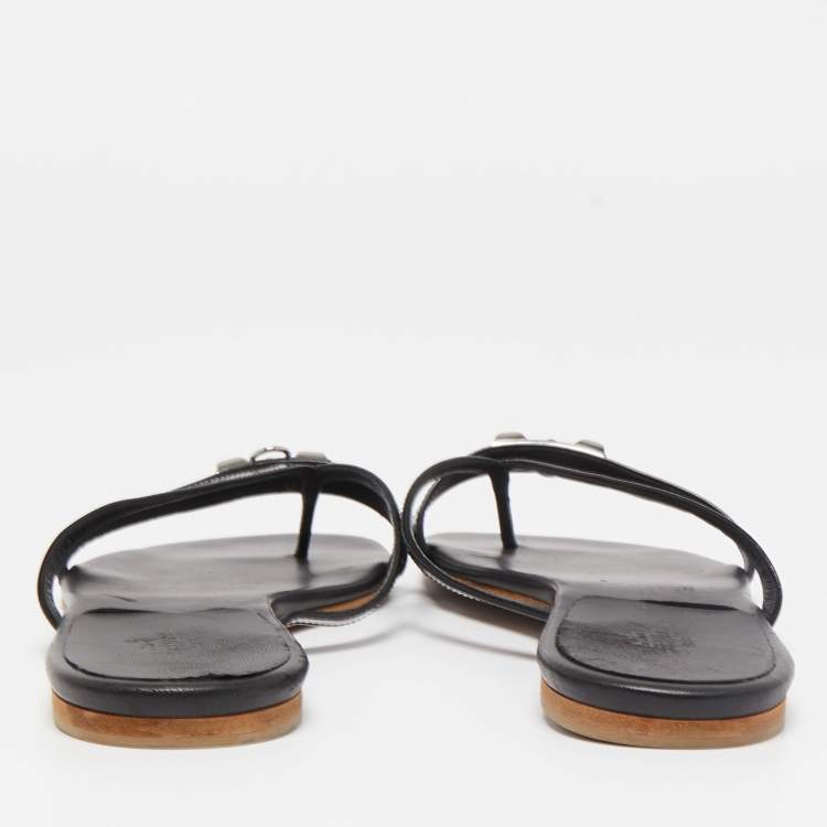Pre Owned Hermes Black Leather Corfu Thong Flat Sandals Size 41