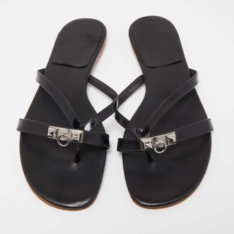 Pre Owned Hermes Black Leather Corfu Thong Flat Sandals Size 41