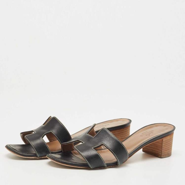 Pre Owned Hermes Black Leather Oasis Slide Sandals Size 36 
