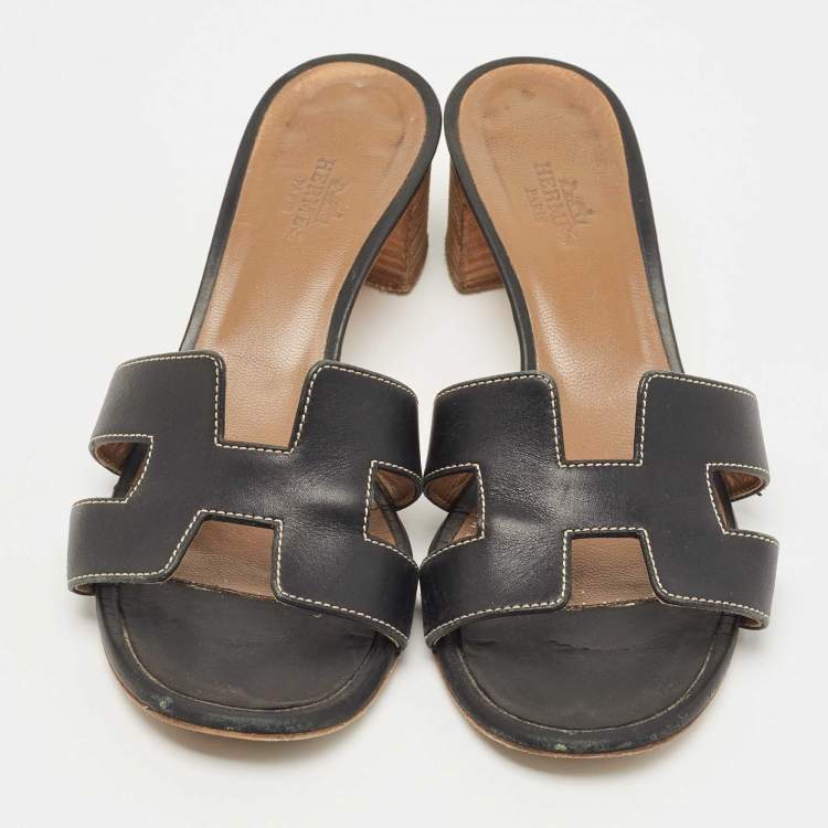 Pre Owned Hermes Black Leather Oasis Slide Sandals Size 36 