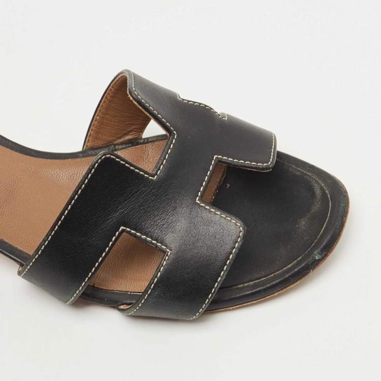 Pre Owned Hermes Black Leather Oasis Slide Sandals Size 36 