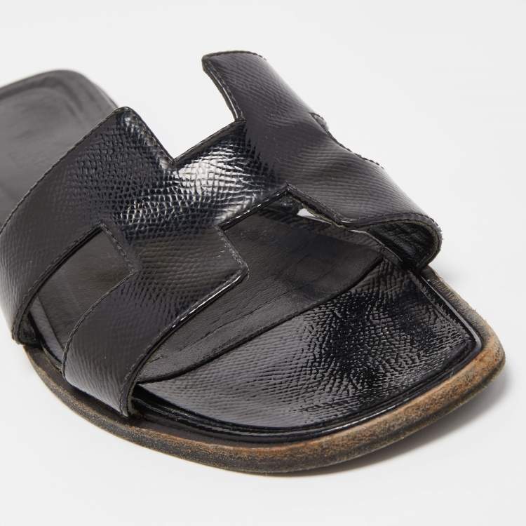 Pre Owned Hermes Black Patent Oran  Flat Slides Size 37.5 