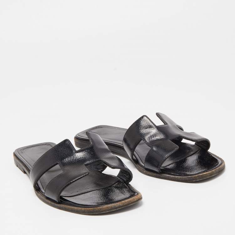 Pre Owned Hermes Black Patent Oran  Flat Slides Size 37.5 