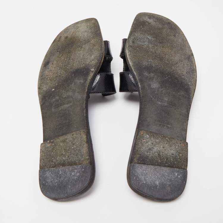 Pre Owned Hermes Black Patent Oran  Flat Slides Size 37.5 