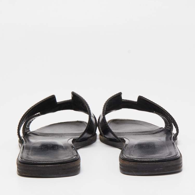 Pre Owned Hermes Black Patent Oran  Flat Slides Size 37.5 