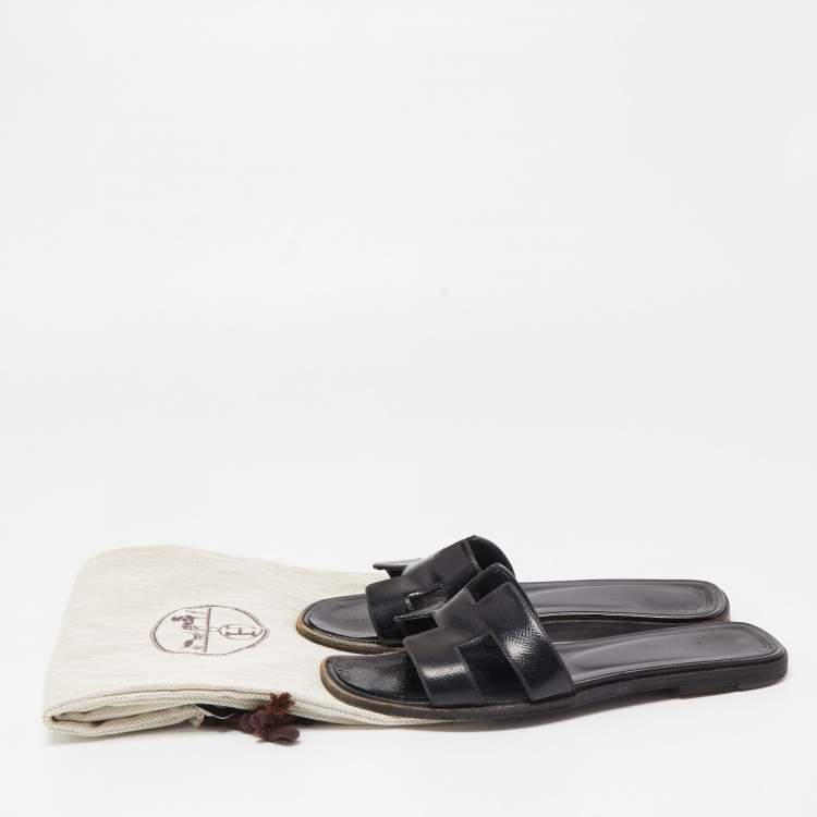 Pre Owned Hermes Black Patent Oran  Flat Slides Size 37.5 