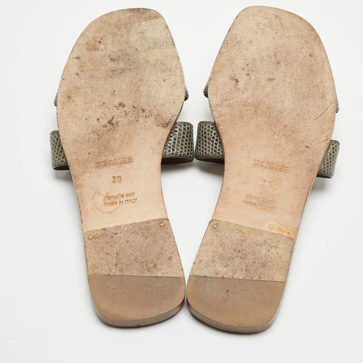 Pre Owned Hermes Green Lizard Leather Oran Flat Slides Size 38
