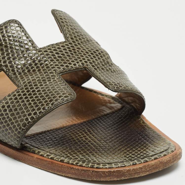 Pre Owned Hermes Green Lizard Leather Oran Flat Slides Size 38