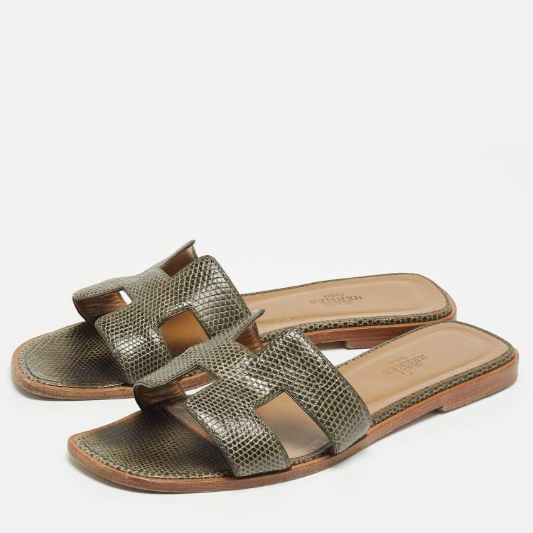 Pre Owned Hermes Green Lizard Leather Oran Flat Slides Size 38