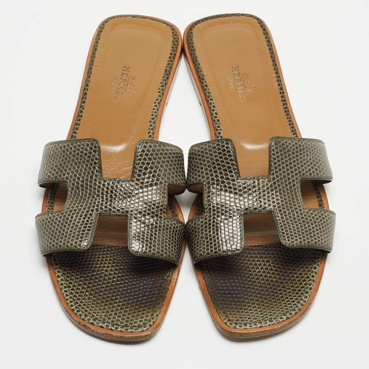 Pre Owned Hermes Green Lizard Leather Oran Flat Slides Size 38
