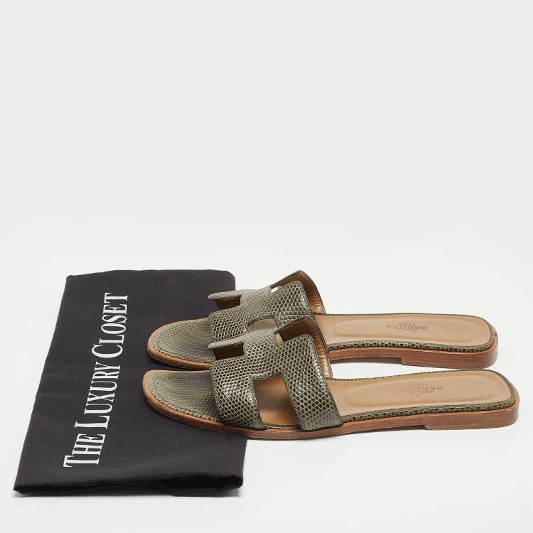 Pre Owned Hermes Green Lizard Leather Oran Flat Slides Size 38