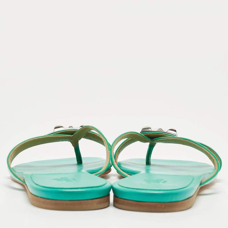 Pre Owned Hermes Green Patent Leather Corfou Thong Flats Size 41