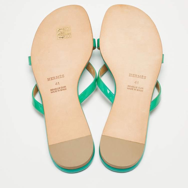 Pre Owned Hermes Green Patent Leather Corfou Thong Flats Size 41
