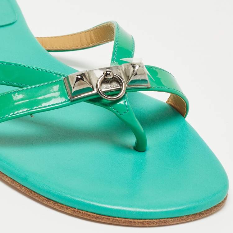 Pre Owned Hermes Green Patent Leather Corfou Thong Flats Size 41