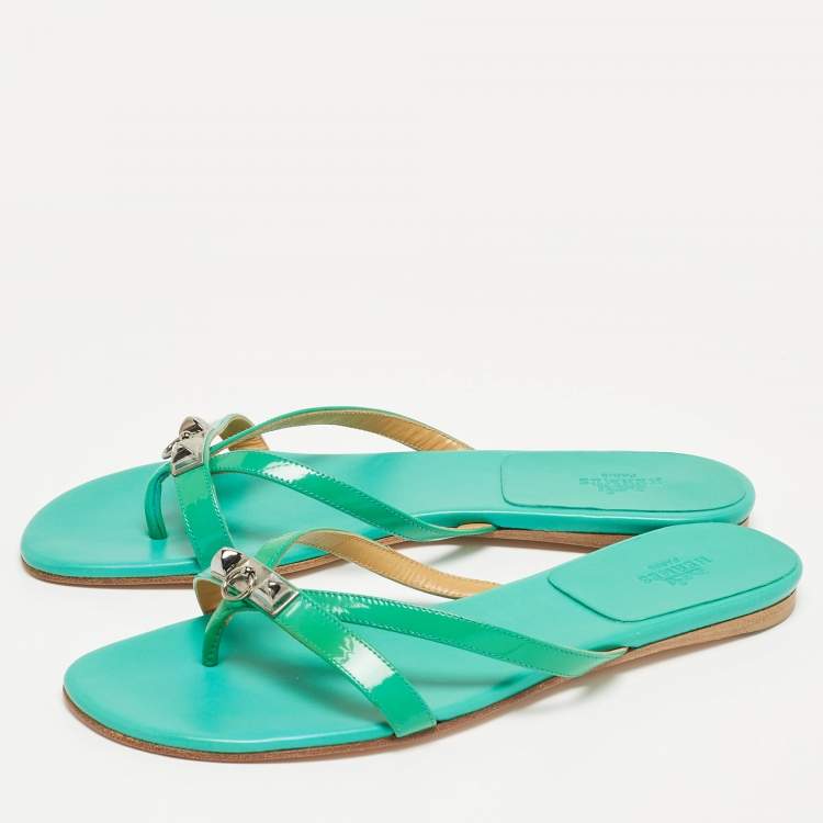 Pre Owned Hermes Green Patent Leather Corfou Thong Flats Size 41
