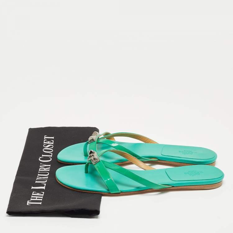 Pre Owned Hermes Green Patent Leather Corfou Thong Flats Size 41