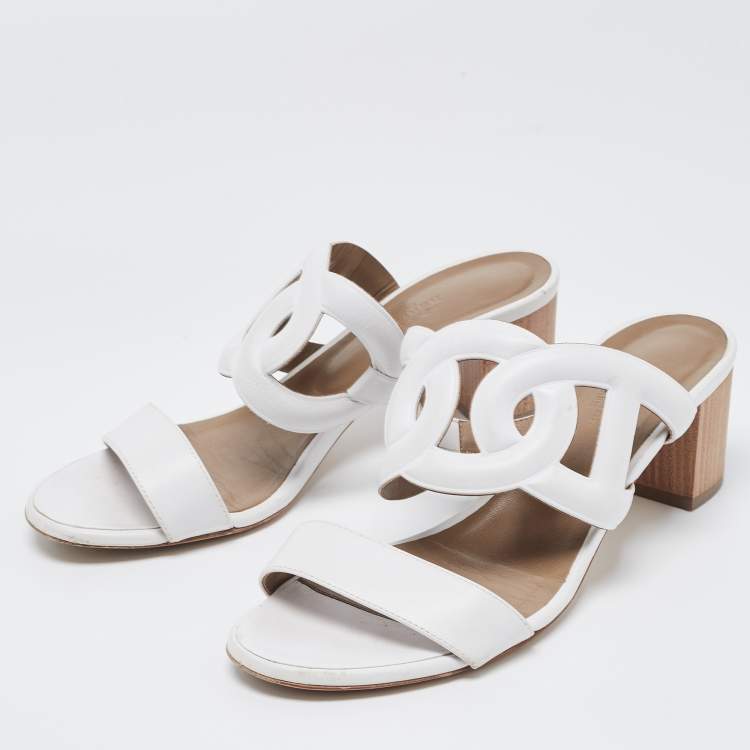 Pre Owned Hermes White Leather Bikini Slide Sandals Size 38