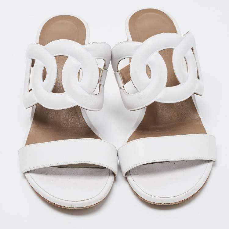 Pre Owned Hermes White Leather Bikini Slide Sandals Size 38