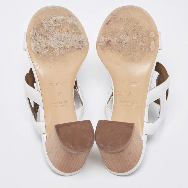 Pre Owned Hermes White Leather Bikini Slide Sandals Size 38