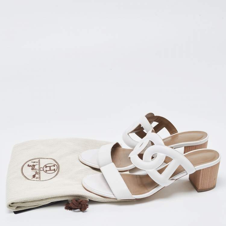 Pre Owned Hermes White Leather Bikini Slide Sandals Size 38