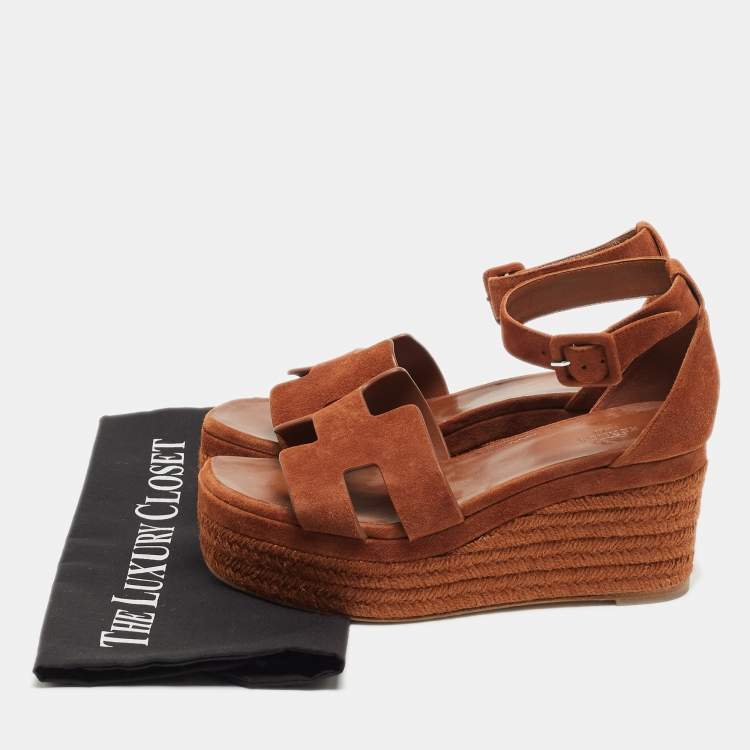 Pre Owned Hermes Brown Suede Elda Espadrille Sandals Size 37