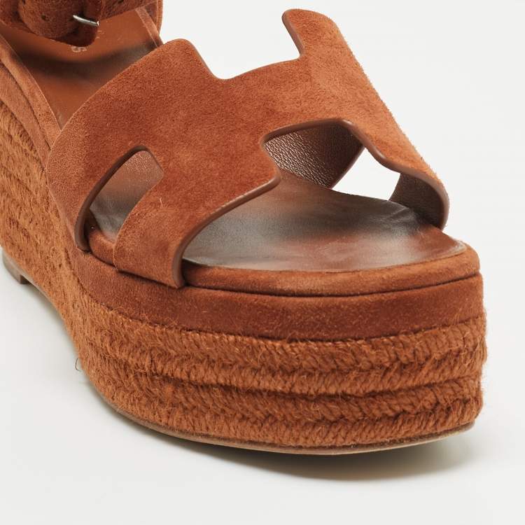 Pre Owned Hermes Brown Suede Elda Espadrille Sandals Size 37