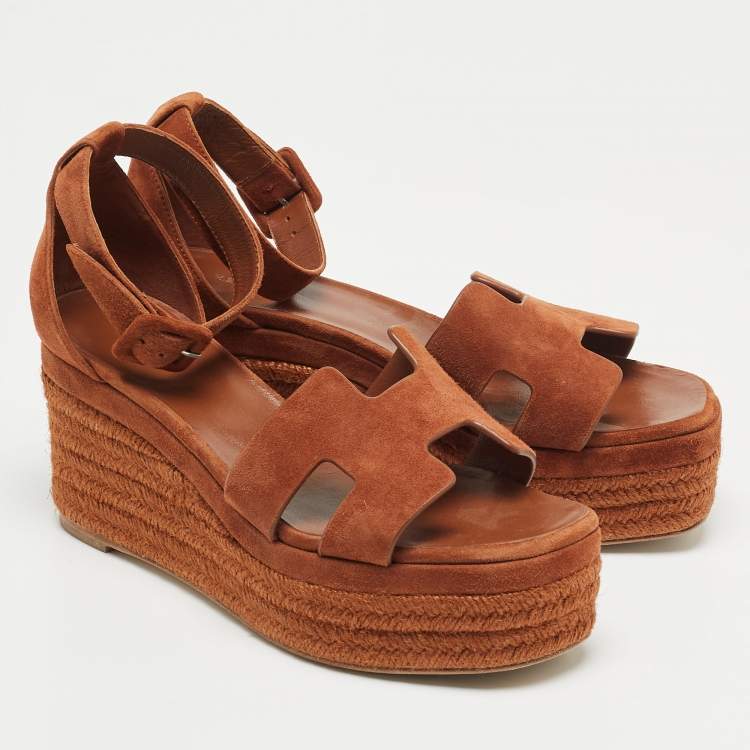 Pre Owned Hermes Brown Suede Elda Espadrille Sandals Size 37