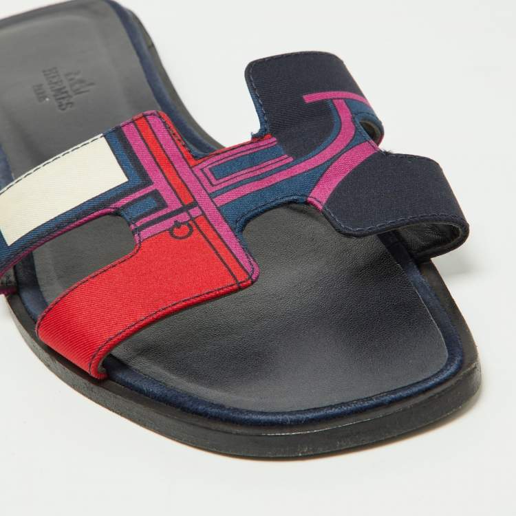 Pre Owned Hermès Multicolor Modernisme Tropical Print Satin Oran Flat Slides Size 39