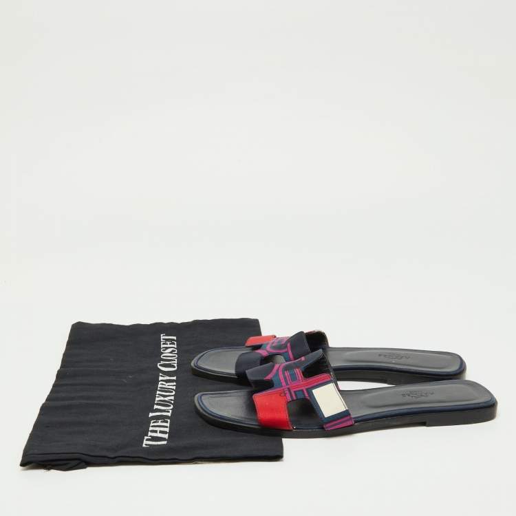 Pre Owned Hermès Multicolor Modernisme Tropical Print Satin Oran Flat Slides Size 39