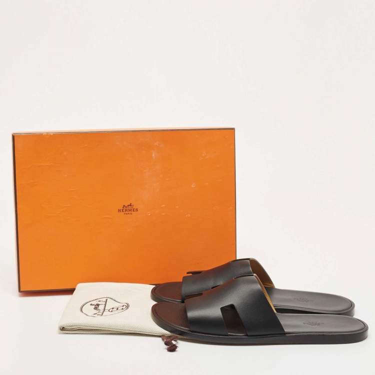 Pre Owned Hermes Black Leather Izmir Slide Flats Size 44