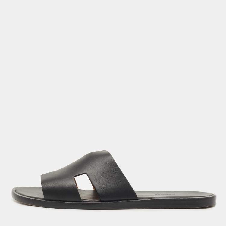 Pre Owned Hermes Black Leather Izmir Slide Flats Size 44