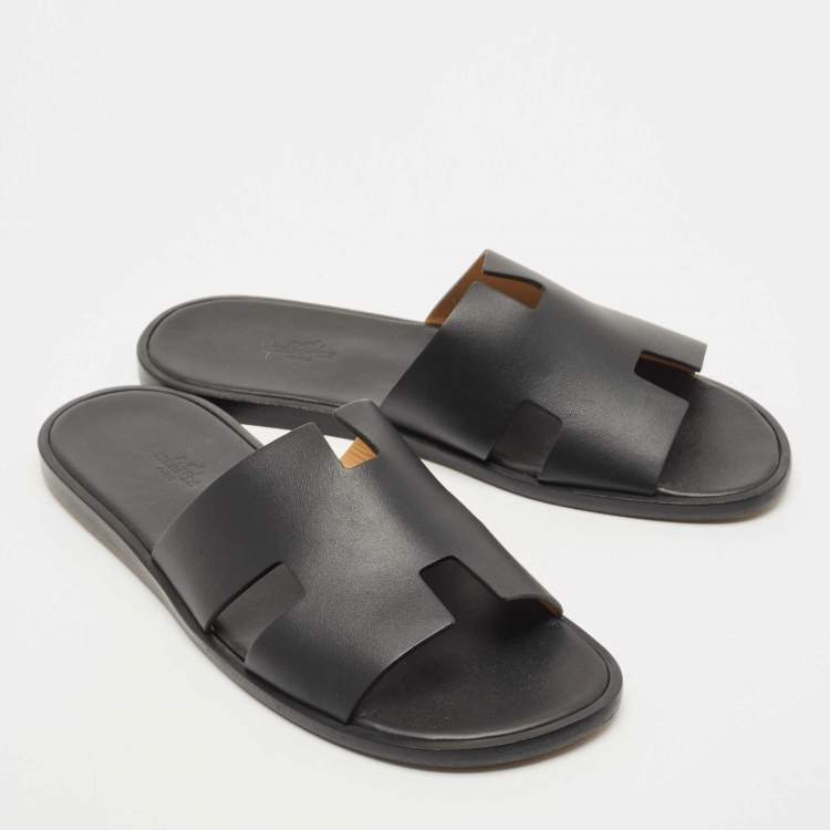Pre Owned Hermes Black Leather Izmir Slide Flats Size 44