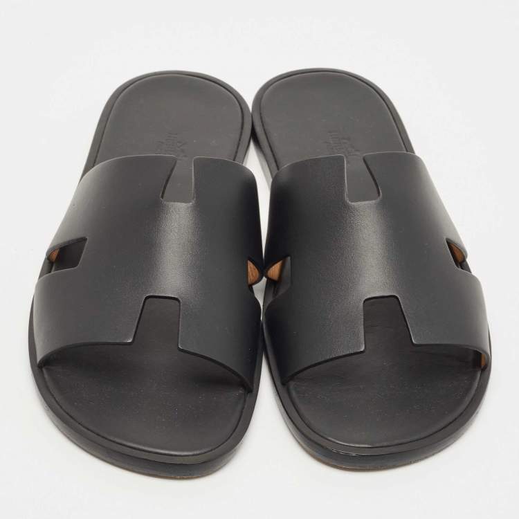 Pre Owned Hermes Black Leather Izmir Slide Flats Size 44