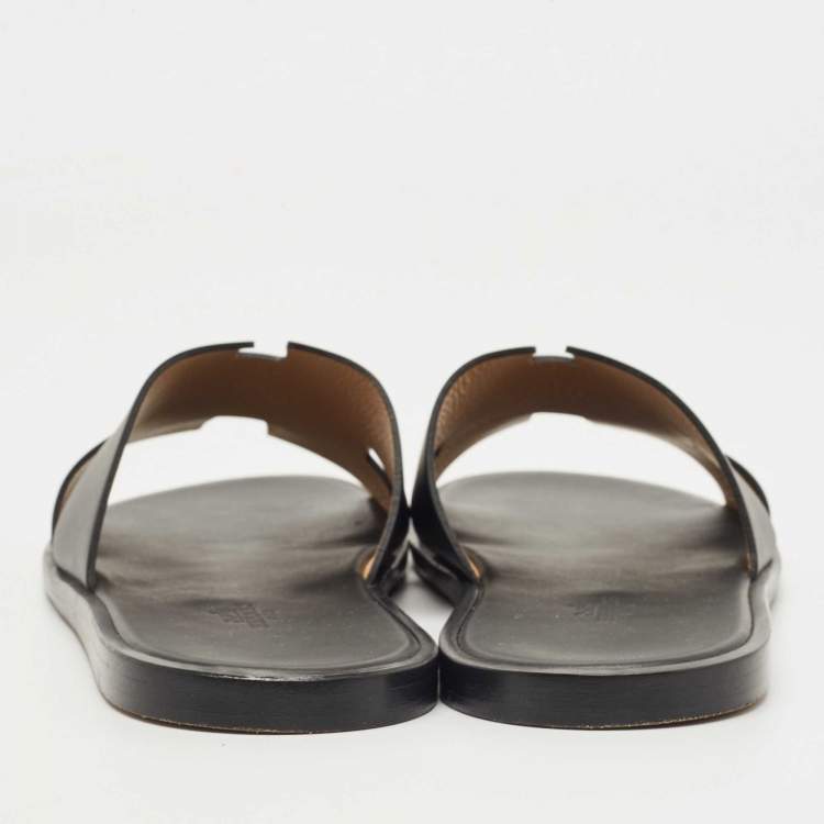 Pre Owned Hermes Black Leather Izmir Slide Flats Size 44